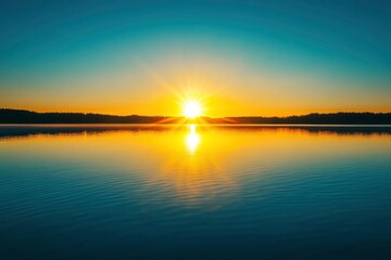 Naklejka premium sunset at coast of the lake. Nature landscape. Nature in northern Europe. reflection, blue sky and yellow sunlight. landscape during sunset, ai