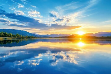 Obraz premium sunset at coast of the lake. Nature landscape. Nature in northern Europe. reflection, blue sky and yellow sunlight. landscape during sunset, ai