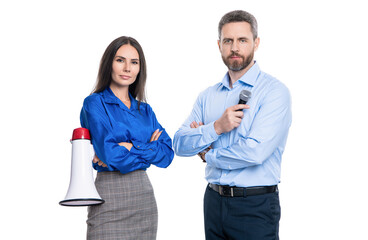 businesspeople with loudspeaker announce business. new business announcement. boss and manager isolated on white. businesspeople announce a problem. attention please. Promotional marketing