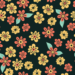 Colorful floral seamless pattern. Groovy flowers vector illustration, hippie aesthetic. Funny multicolored print for fabric, paper, any surface design.