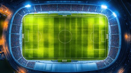 Aerial view of illuminated football stadium at night showcasing bright field and surrounding stands filled with spectators.