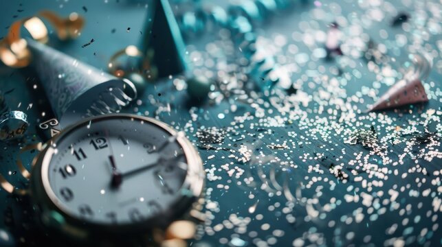 Close-up of an alarm clock surrounded by confetti, symbolizing the start of a new year.