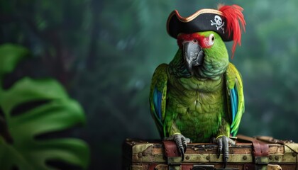 Naklejka premium A parrot wearing a pirate hat sits on a vintage suitcase against a green backdrop.
