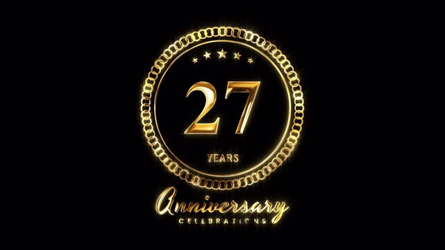 27th Anniversary Celebration. Happy 27 Years Anniversary Animation in Gold Color on the Transparent Background, Alpha Channel. Great for greetings, celebrations, events, and gifts.