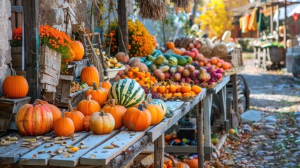 Harvest festival farmers market with fresh produce and autumn decorations.
