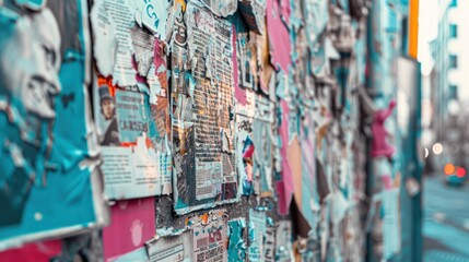 Fototapeta premium Close-up of festival posters plastered on a city wall for promotion. 