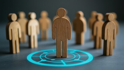 A group of wooden people stand in an area with one person standing out from the crowd, symbolizing being inside or outside of network connection and communication