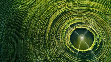 Obraz premium Aerial View of a Circular Pond Surrounded by Concentric Green Rows