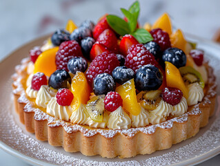 a cake with strawberries and blueberries, and many fruit on top. The cake has a white frosting and is on a white table.