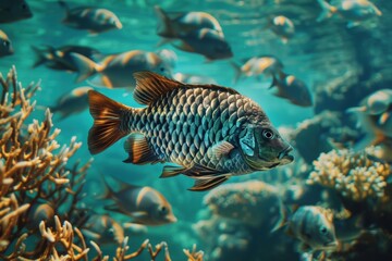 Fototapeta premium a vibrant coral reef thrives with schools of tropical fish in vivid hues. Swirling kelp forests and curious sea creatures bask in rays of sunlight breaking through the water's surface.