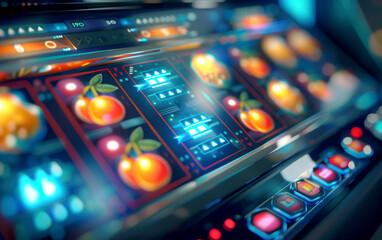 Gaming hall with slot machines, casino. AI generative.