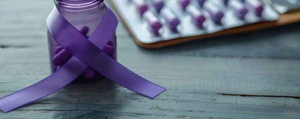 Purple ribbon tied around a closed notebook.