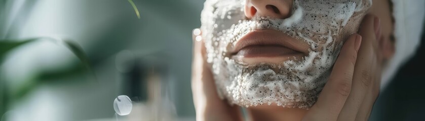 Fototapeta premium Close up of a woman's face with a white mask on, natural beauty