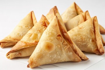 Close-up of golden-brown samosas on a white surface