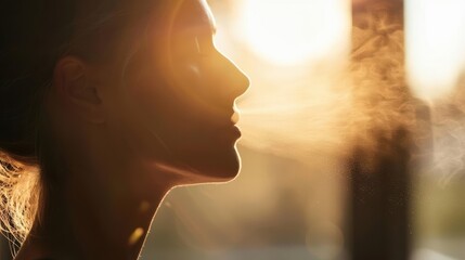 Silhouette of a woman blowing air into the sunset.