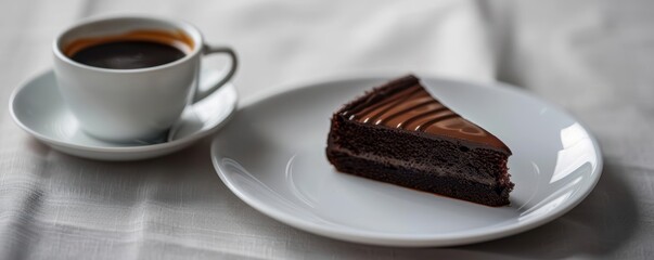 A slice of chocolate cake on a white plate, with a cup of coffee and a saucer nearby.