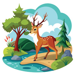A Deer Standing on a Sandy Bank Near a Stream in a Forest
