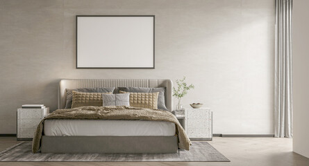 mock up poster frame in interior background, bed room. 3D render, 3D illustration