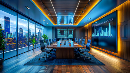 Futuristic Conference Room with Interactive Statistical Digital Displays