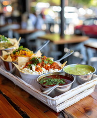 golden nachos served with a variety of sauces. AI generative.