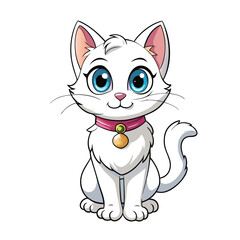 Obraz premium Cartoon white cat with pink collar and blue eyes