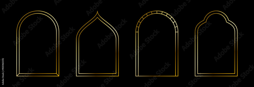 Poster thin golden arch set. gold arc border frame collection in oriental style. muslim linear shining curv