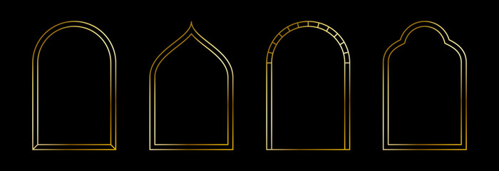Thin golden arch set. Gold arc border frame collection in oriental style. Muslim linear shining curve shape bundle. Glowing shiny boarder element pack for photo, cadre, poster, card. Vector