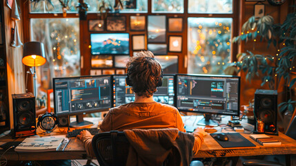 Productive Freelancer Setting with Multiple Screens and Gadgets in Home Office