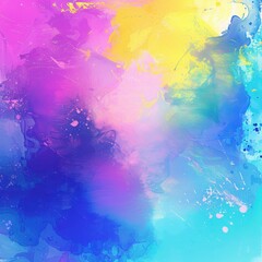 A vibrant abstract painting featuring a blend of pink, yellow, and blue hues, creating a dynamic and colorful atmosphere.