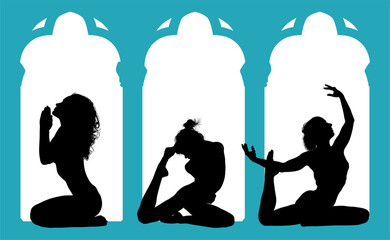 vector silueta femenina, yoga, ballet, estiramientos, deporte, flexibilidad, postura yoga, ventanal, contra luz