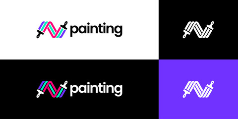 initial letter n paint brush logo, painting service logo