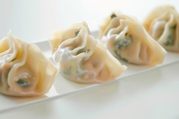 Four Steamed Dumplings on a White Plate