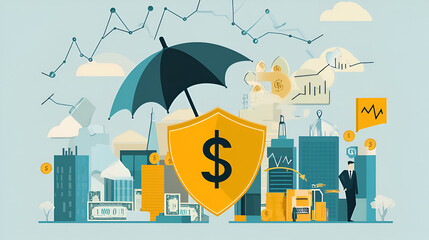 financial security and business profit featuring currency protective elements like a shield or umbrella and possibly graphs or charts illustrating growth or insurance concepts