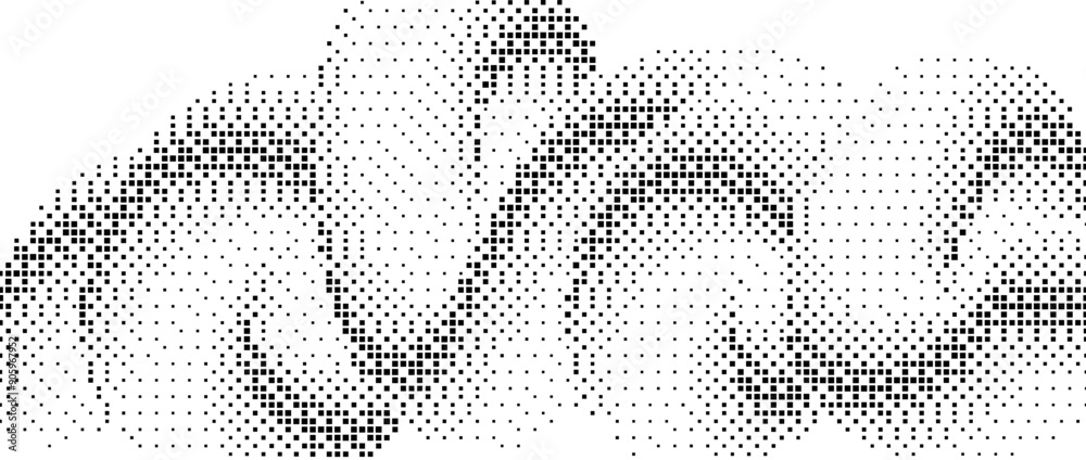 Poster pixelated gradient squiggle shape. black dither wave texture background. dotted fluid curvy form for