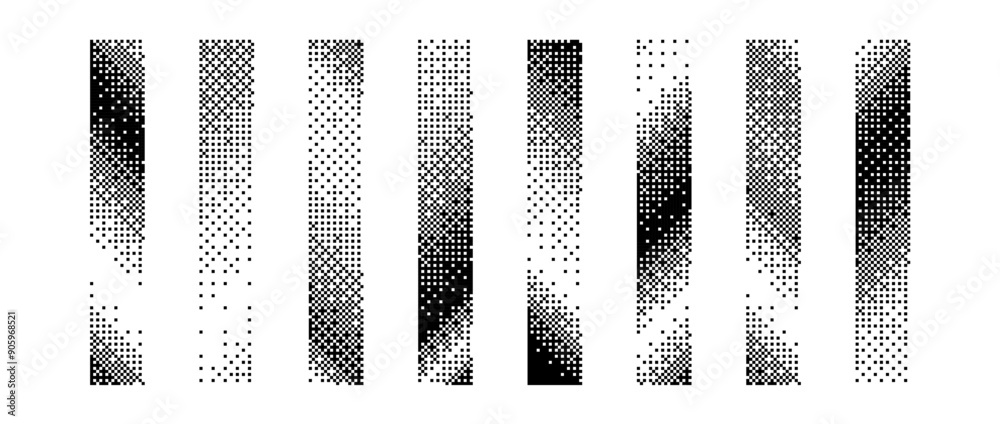 Poster halftone slanted gradient border set. pixelated long dotted separator or divider collection. bitmap 