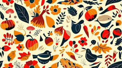 Autumnal seamless pattern with birds, leaves, flowers, and pumpkins in a contemporary style.