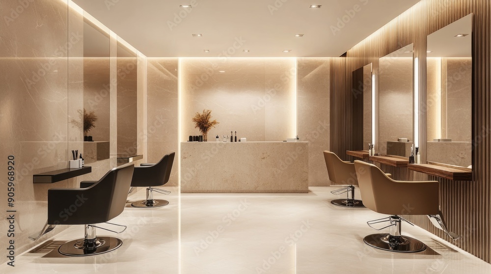 Wall mural luxurious hairdressing and beauty salon interior design: modern beige barbershop setup