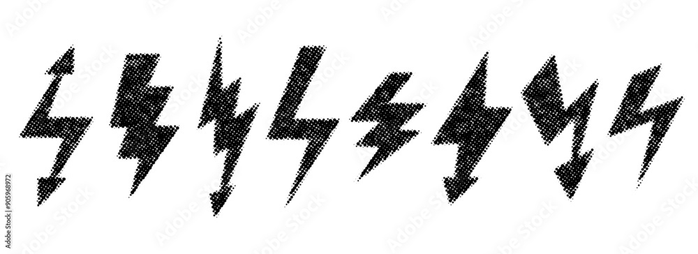 Poster halftone grunge lightning bolt set. dotted thunder bolt symbol collection. rough pixel flash thunder
