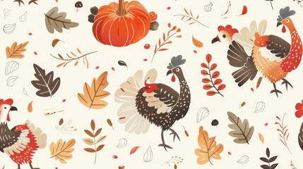Seamless pattern with colorful turkeys and autumn leaves.