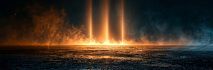 Abstract Background with Triad of Beams Illuminating an Asphalt Floor, Crafting a Lit Dark Space for Product Showcase