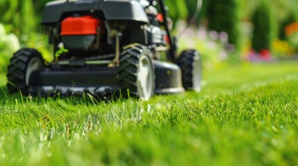 Obraz premium Mower cutting fresh grass in a backyard garden