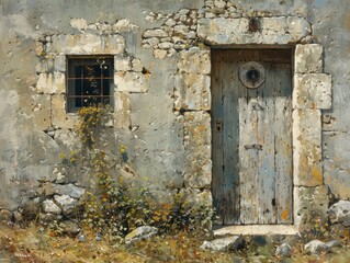 single door on a rustic stone wall background