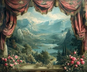 theatrical vintage stage with a landscape in the backdrop, rich and intricate details