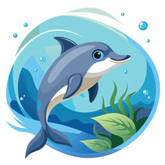 Obraz premium Cartoon Dolphin Leaping Through Blue Water With Bubbles and Seaweed