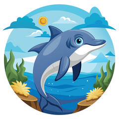 Obraz premium Cartoon Dolphin Leaping from the Water with a Blue Sky and Yellow Sun