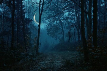 Obraz premium A crescent moon shines through the canopy of a dark, misty forest.