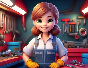 3D smiling woman in overalls stands proudly in her garage workshop