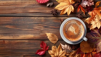 Fototapeta premium Coffee and fall foliage on a wooden backdrop