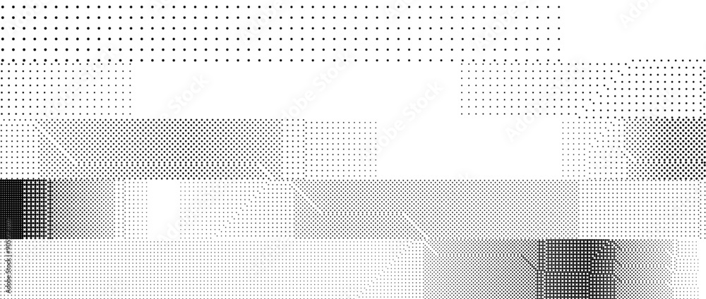 Poster Bitmap pixelated striped pattern. Glitchy noise stripe texture. Halftone glitch grunge overlay. Dotted distorted gradient wallpaper for banner, poster, flyer, print, brochure. Vector dither background