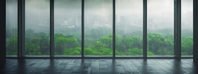 Fototapeta premium Large floor-to-ceiling windows with raindrops, overlooking the blurry green city during the day.